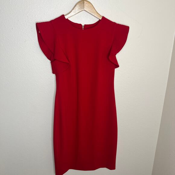 Calvin Klein Christmas Red Flutter Sleeve Sheath Dress 6 - Picture 1 of 10